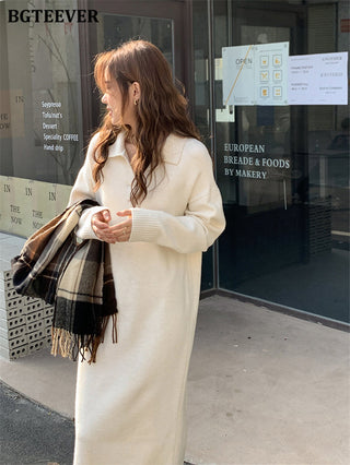 BGTEEVER Casual Thicken Warm Loose Sweater Dress Women Autumn Winter Lapel Full Sleeve Solid Long Knitted Dress Female vestidos ALODIA STORE