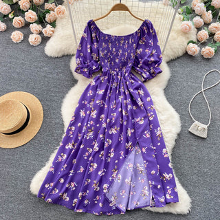 YuooMuoo Romantic Floral Print Split Long Summer Dress Puff Sleeve Party Korean style ALODIA STORE