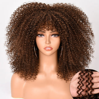 16''Short Hair Afro Kinky Curly Wig With Bangs For Black Women Cosplay Lolita Synthetic Natural Glueless Brown Mixed Blonde Wigs ALODIA STORE
