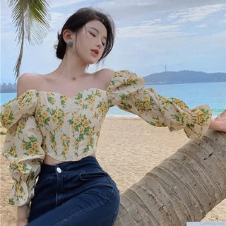 Women Floral Puff Sleeve Croptops Slim Fit Korean Tops Casual TShirts Tees Ruffles Chiffon Blouse Tops ALODIA STORE
