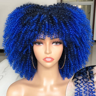 Short Afro Kinky Curly Wig With Bangs For Black Women Cosplay Lolita Natural Hair Ombre Mixed Brown Synthetic African Wigs ALODIA STORE