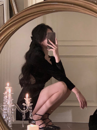 2022 Autumn Slim Black Velvet Dress Casual Korean Fashion ALODIA STORE