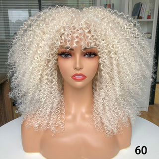16''Short Hair Afro Kinky Curly Wig With Bangs For Black Women Cosplay Lolita Synthetic Natural Glueless Brown Mixed Blonde Wigs ALODIA STORE