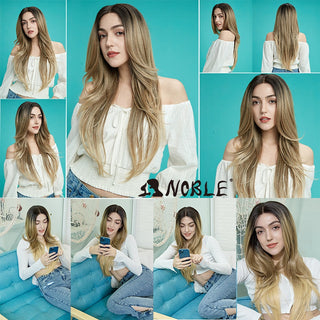 Noble Synthetic Lace Front Wig Long straight Hair 28 Inch Natural Wig Ombre Blonde Wig Heat Resistant Fiber Wigs For Black Women ALODIA STORE