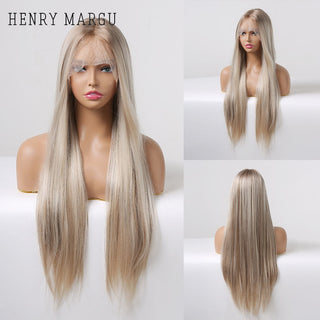 HENRY MARGU Long Straight Lace Front Synthetic Wigs Brown Blonde Platinum Wigs for White Women Middle Part Daily Heat Resistant ALODIA STORE