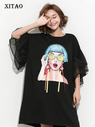 XITAO Splice Ribbon Cartoon Pattern Dress Women Puff Mesh Sleeve  Casual Party Black Dress Korean Style Summer DLL2106 ALODIA STORE
