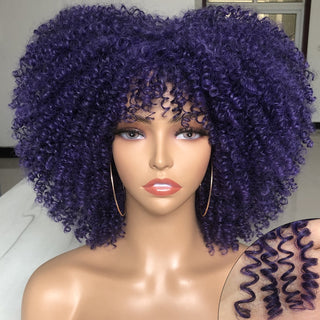 Short Afro Kinky Curly Wig With Bangs For Black Women Cosplay Lolita Natural Hair Ombre Mixed Brown Synthetic African Wigs ALODIA STORE