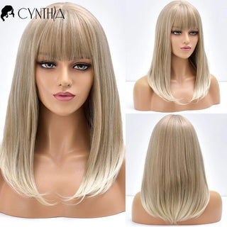 Blonde Ombre Long Straight Gold Synthetic Wig With Bangs For Black White Women Heat Resistant Fiber Daily Hair Cosplay Wigs ALODIA STORE