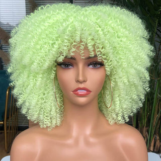 Short Afro Kinky Curly Wig With Bangs For Black Women Cosplay Lolita Natural Hair Ombre Mixed Brown Synthetic African Wigs ALODIA STORE