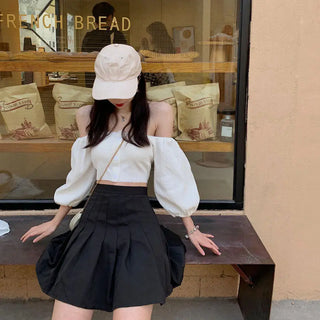 Off Shoulder Woman Tshirts French Puff Sleeve Short Croptop Korean Belly Button Exposed Sexy Shirt Summer Vintage Soild Y2k Tops ALODIA STORE