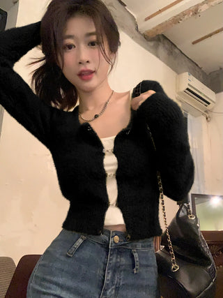 Korean Fashion Solid Slim Knitted Cardigan for Women 2023 New In Autumn Casual Sexy Sweater Cropped Top Y2k 2000s Clothes ALODIA STORE
