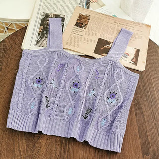 Flowers Embroidery Suspender Korean V-Neck Knitting Sweet Elastic Vintage Students Cute Summer Women Knot CropTops ALODIA STORE