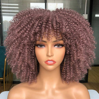 Short Afro Kinky Curly Wig With Bangs For Black Women Cosplay Lolita Natural Hair Ombre Mixed Brown Synthetic African Wigs ALODIA STORE