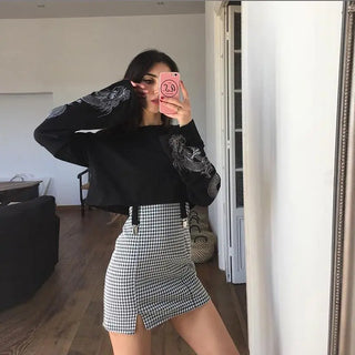 Vintage Long Sleeve Crop Top for Women Short T Shirt Aesthetic Tshirt Croptop Japanese Traditional Dragon Print Graphic Clothes ALODIA STORE