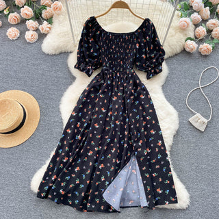 YuooMuoo Romantic Floral Print Split Long Summer Dress Puff Sleeve Party Korean style ALODIA STORE