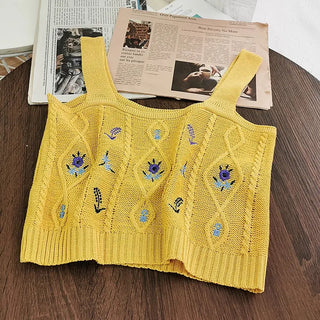 Flowers Embroidery Suspender Korean V-Neck Knitting Sweet Elastic Vintage Students Cute Summer Women Knot CropTops ALODIA STORE