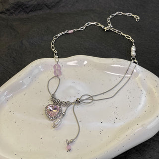 Y2K Accessories Fashion Peach Heart Water Drop Pendant Necklace Pink Crystal Egirl Sweet Cool Clavicle Chain Aesthetic Jewelry ALODIA STORE