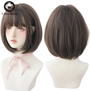 7JHH WIGS Short Bob Straight Ombre Blonde Wigs With Bang For Girl Black Female Synthetic Shoulder Length Crochet Hair Ginger Wig ALODIA STORE