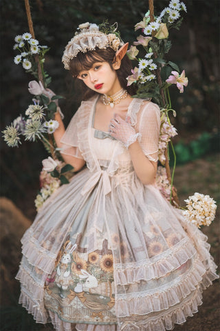 Japanese Sweet Kawaii Jsk Lolita Dress Women Vintage Victorian Sunflower Story Jsk Cartoon Summer Bow Fresh Tea Party Dresses ALODIA STORE