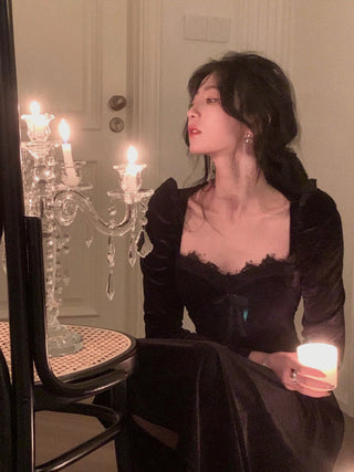 2022 Autumn Slim Black Velvet Dress Casual Korean Fashion ALODIA STORE