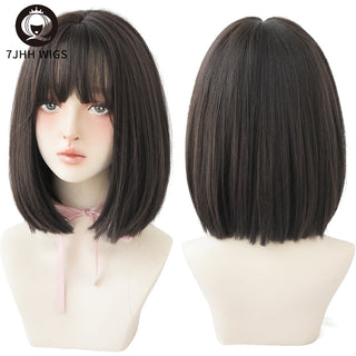 7JHH WIGS Short Bob Straight Ombre Blonde Wigs With Bang For Girl Black Female Synthetic Shoulder Length Crochet Hair Ginger Wig ALODIA STORE