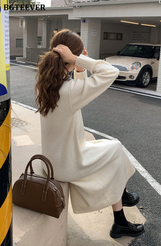 BGTEEVER Casual Thicken Warm Loose Sweater Dress Women Autumn Winter Lapel Full Sleeve Solid Long Knitted Dress Female vestidos ALODIA STORE
