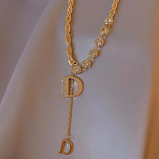 Design Sense Micro Setting Zircon D Letter Pendant Long Necklace Winter Sweater Chain Fashion Jewelry For Woman Girls Party Gift ALODIA STORE