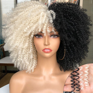 Short Afro Kinky Curly Wig With Bangs For Black Women Cosplay Lolita Natural Hair Ombre Mixed Brown Synthetic African Wigs ALODIA STORE