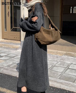 BGTEEVER Casual Thicken Warm Loose Sweater Dress Women Autumn Winter Lapel Full Sleeve Solid Long Knitted Dress Female vestidos ALODIA STORE