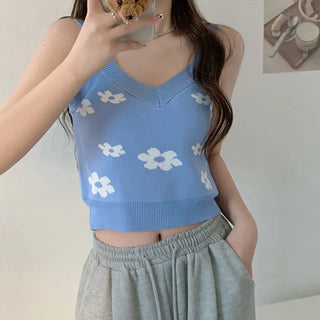 Ropa De Mujer Vintage Croptop Knitted Tank Streetwear Crop Cami Y2k Summer Fashion Halter Harajuku Embroidery Korean Green Top ALODIA STORE