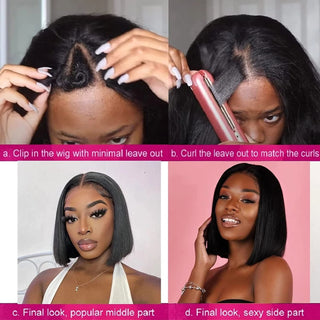 Straight 8-14 inch V part Synthetic Half  Wig For Black Women Short Cut V Part  Straight Bob Wig No Leave Out  Natural Color ALODIA STORE