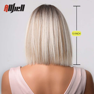 Ombre Brown Platinum Blonde Synthetic Wigs Short Straight Bob Wigs for Black Women Daily Natural Heat Resistant Hair Cosplay ALODIA STORE