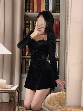 2022 Autumn Slim Black Velvet Dress Casual Korean Fashion ALODIA STORE