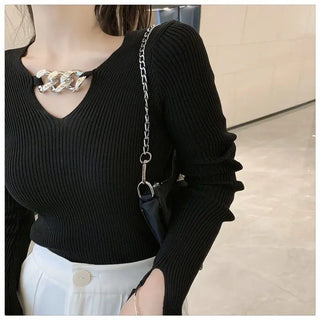 Women's Long Sleeve Black Croptop Knitted Sweater Sexy Party Slim Shirt Cropped Tops Korean Fashion Elegant Office Ladies ALODIA STORE