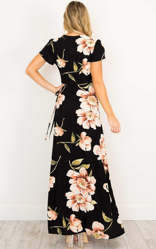 2023 Summer Short Sleeved Long Dress V-neck Split Print Fashion Retro Tiktok Consignment Rayon Robe for Women Party Wedding ALODIA STORE