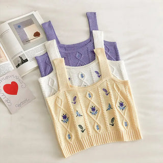 Flowers Embroidery Suspender Korean V-Neck Knitting Sweet Elastic Vintage Students Cute Summer Women Knot CropTops ALODIA STORE