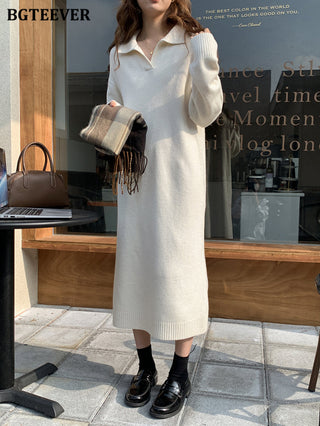 BGTEEVER Casual Thicken Warm Loose Sweater Dress Women Autumn Winter Lapel Full Sleeve Solid Long Knitted Dress Female vestidos ALODIA STORE