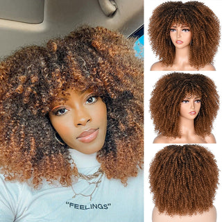 Short Afro Kinky Curly Wig With Bangs For Black Women Cosplay Lolita Natural Hair Ombre Mixed Brown Synthetic African Wigs ALODIA STORE