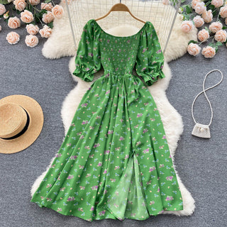 YuooMuoo Romantic Floral Print Split Long Summer Dress Puff Sleeve Party Korean style ALODIA STORE