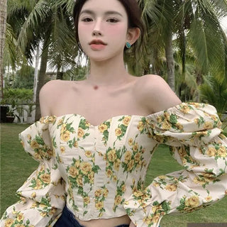 Women Floral Puff Sleeve Croptops Slim Fit Korean Tops Casual TShirts Tees Ruffles Chiffon Blouse Tops ALODIA STORE