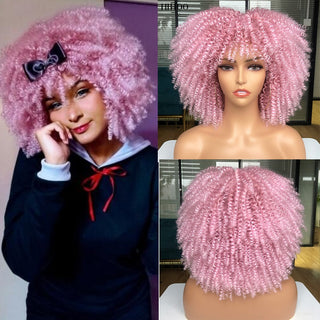 Short Afro Kinky Curly Wig With Bangs For Black Women Cosplay Lolita Natural Hair Ombre Mixed Brown Synthetic African Wigs ALODIA STORE