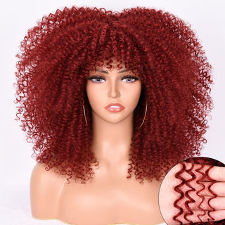16''Short Hair Afro Kinky Curly Wig With Bangs For Black Women Cosplay Lolita Synthetic Natural Glueless Brown Mixed Blonde Wigs ALODIA STORE