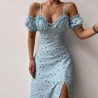 Sexy Black Dress Vintage Flower Long Puff Sleeve Chiffon Dresses ALODIA STORE