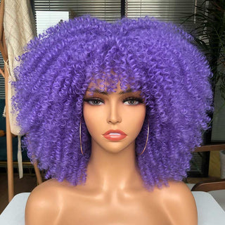 Short Afro Kinky Curly Wig With Bangs For Black Women Cosplay Lolita Natural Hair Ombre Mixed Brown Synthetic African Wigs ALODIA STORE