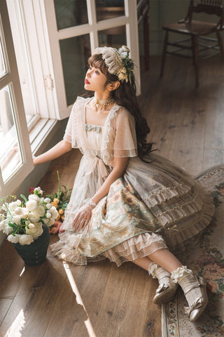 Japanese Sweet Kawaii Jsk Lolita Dress Women Vintage Victorian Sunflower Story Jsk Cartoon Summer Bow Fresh Tea Party Dresses ALODIA STORE