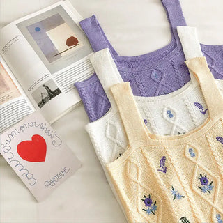 Flowers Embroidery Suspender Korean V-Neck Knitting Sweet Elastic Vintage Students Cute Summer Women Knot CropTops ALODIA STORE