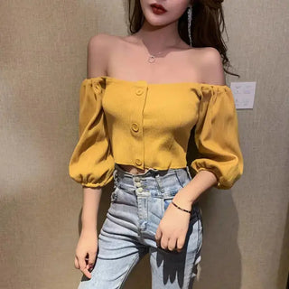 Off Shoulder Woman Tshirts French Puff Sleeve Short Croptop Korean Belly Button Exposed Sexy Shirt Summer Vintage Soild Y2k Tops ALODIA STORE