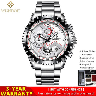 100%Original WISHDOIT Watch for Men TOP Brand Waterproof Sports Stainless Steel Chronograph 2022New Fashion Luxury wrist watches ALODIA STORE