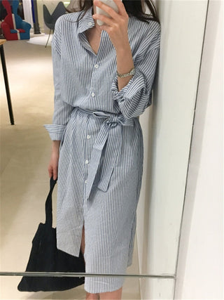 Colorfaith DR1800 2023 Striped Cotton and Linen Shirt Dress Lace Up Women Spring Summer Elegant Korean Fashion Lady Long Dresses ALODIA STORE