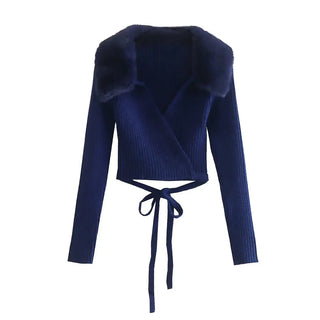 Artificial Fur CropTops Furry Fall Female Crop for Women V Neck Knit Sweater Y2k Long Sleeve New In Pullovers Traf Winter 2022 ALODIA STORE
